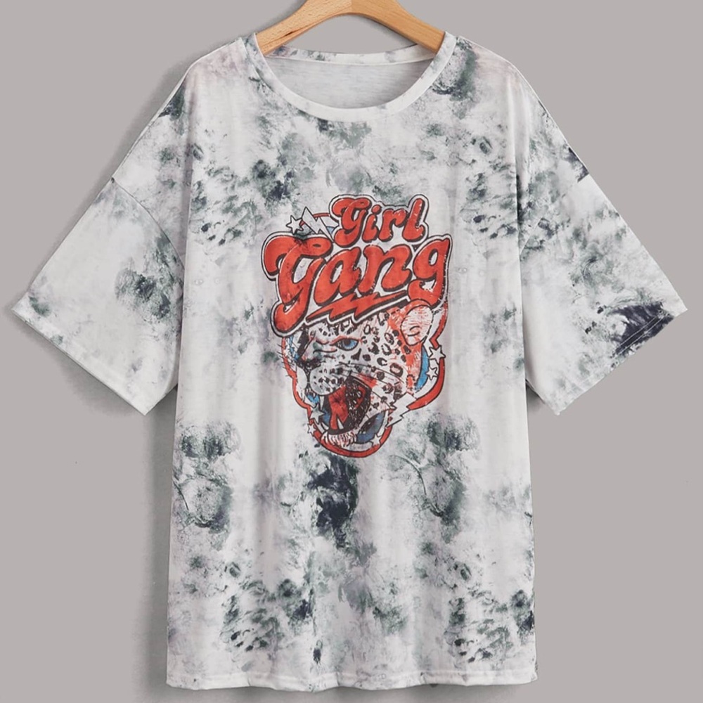 SHEIN MOOSTA Plus Tie Dye Letter & Leopard Print Drop Shoulder Tee